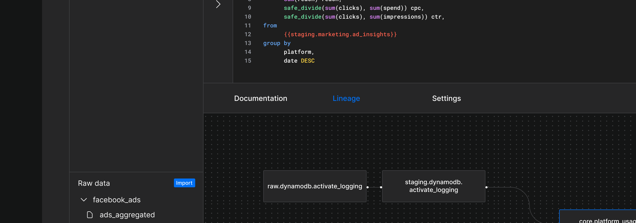 Accessing a lineage graph of a data model in Weld